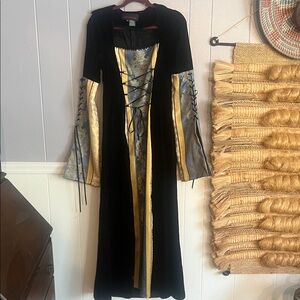 Subterranea Gothic Renaissance  Maxi Dress black velvet gold/blue lace-up M